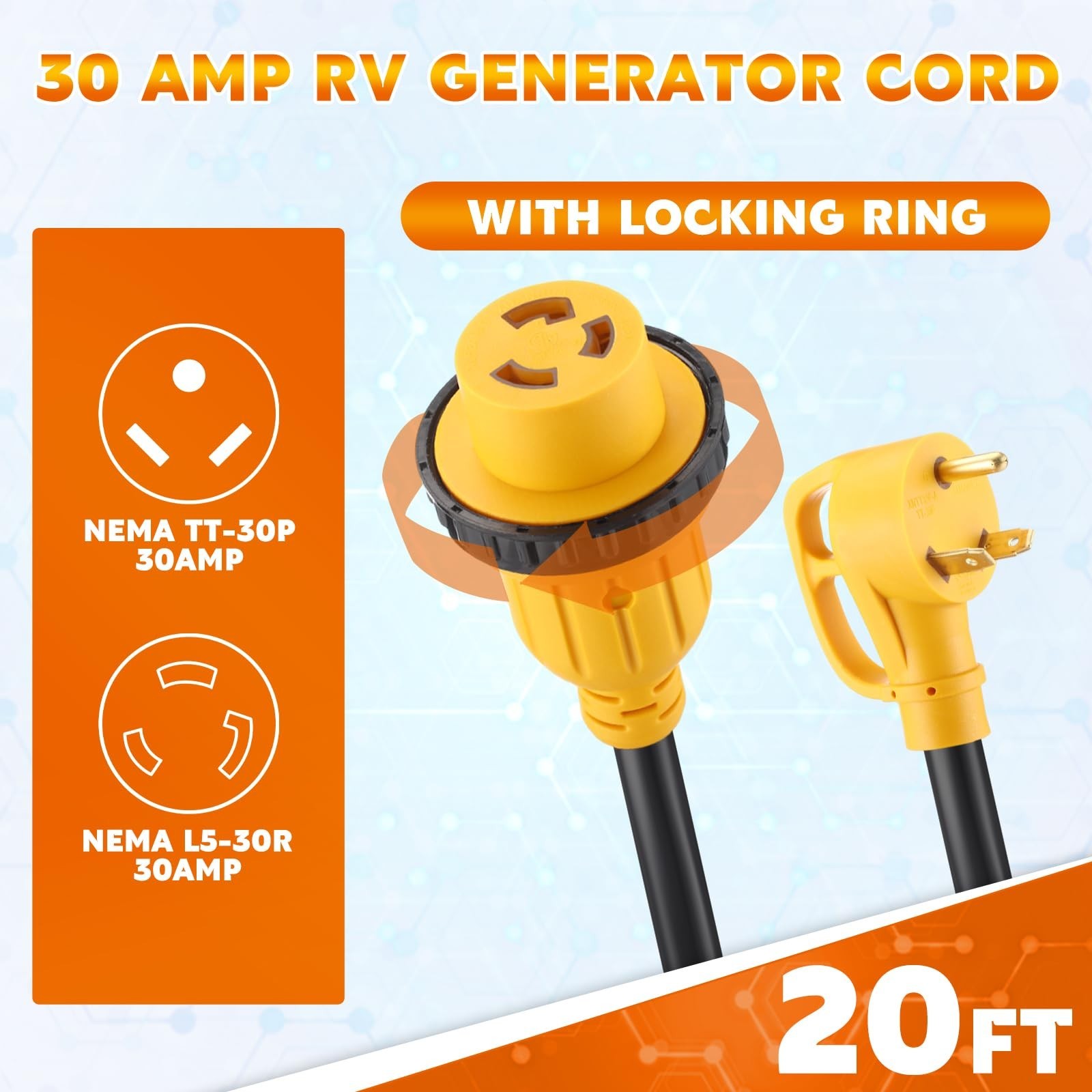 Kanayu 20FT 30 Amp RV Generator Cord And Power Inlet NEMA TT-30P L5-30R Lock
