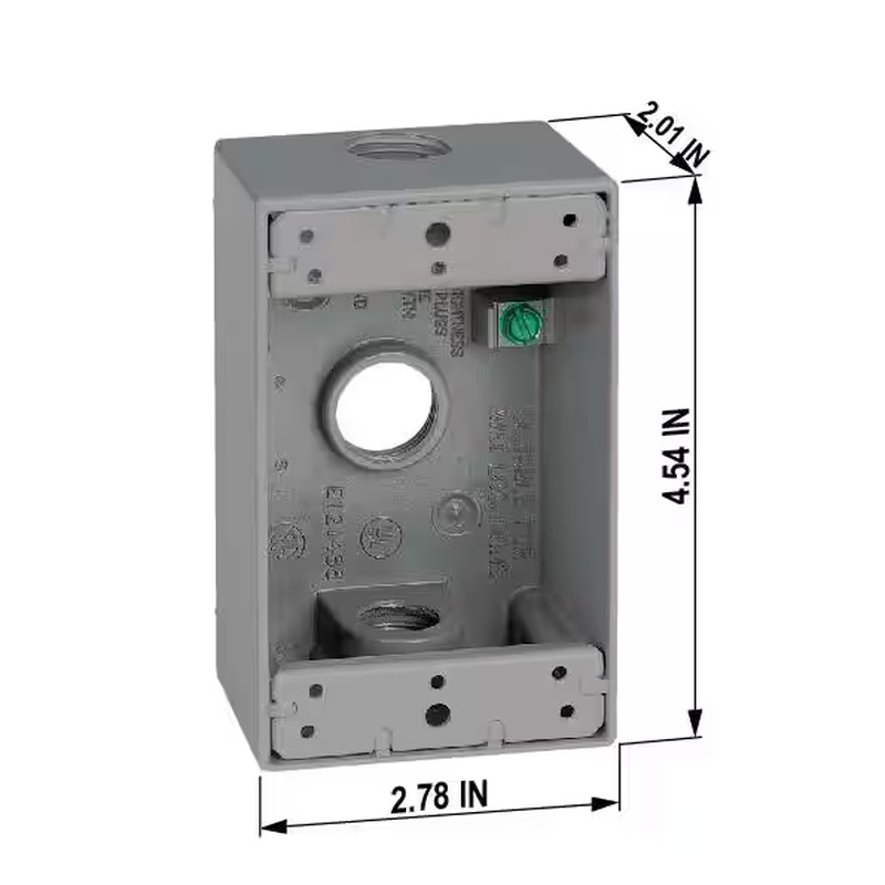 1-Gang Metal Weatherproof Electrical Outlet Box with (3) 1/2 Inch Holes, Gray