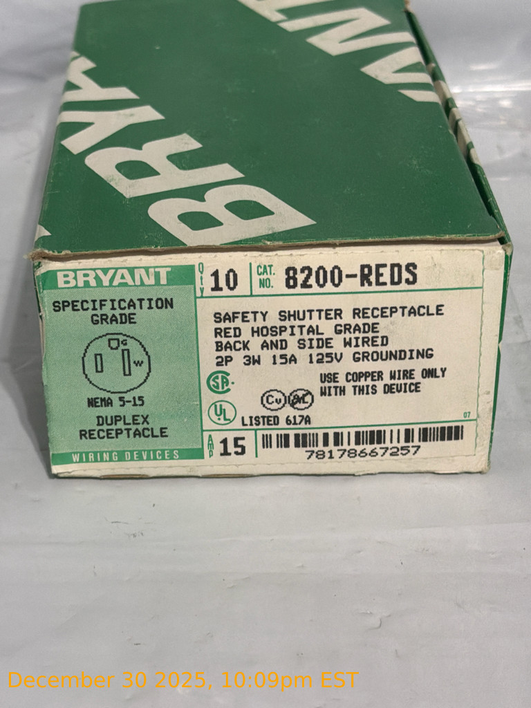NEW Bryant 8200-Reds Safety Shutter Receptacle Red Hospital Grade Duplex 15 Amps