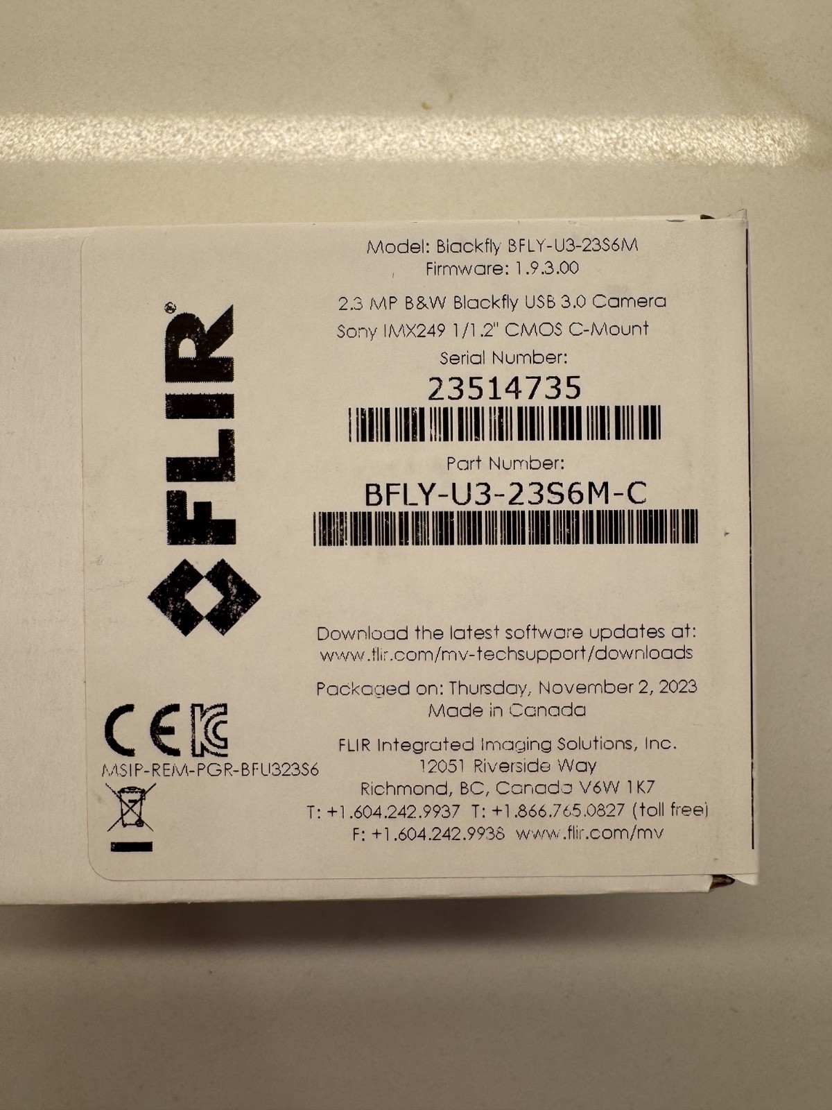 FLIR Teledyne Blackfly BFLY-U3-23S6M-C Industrial Camera