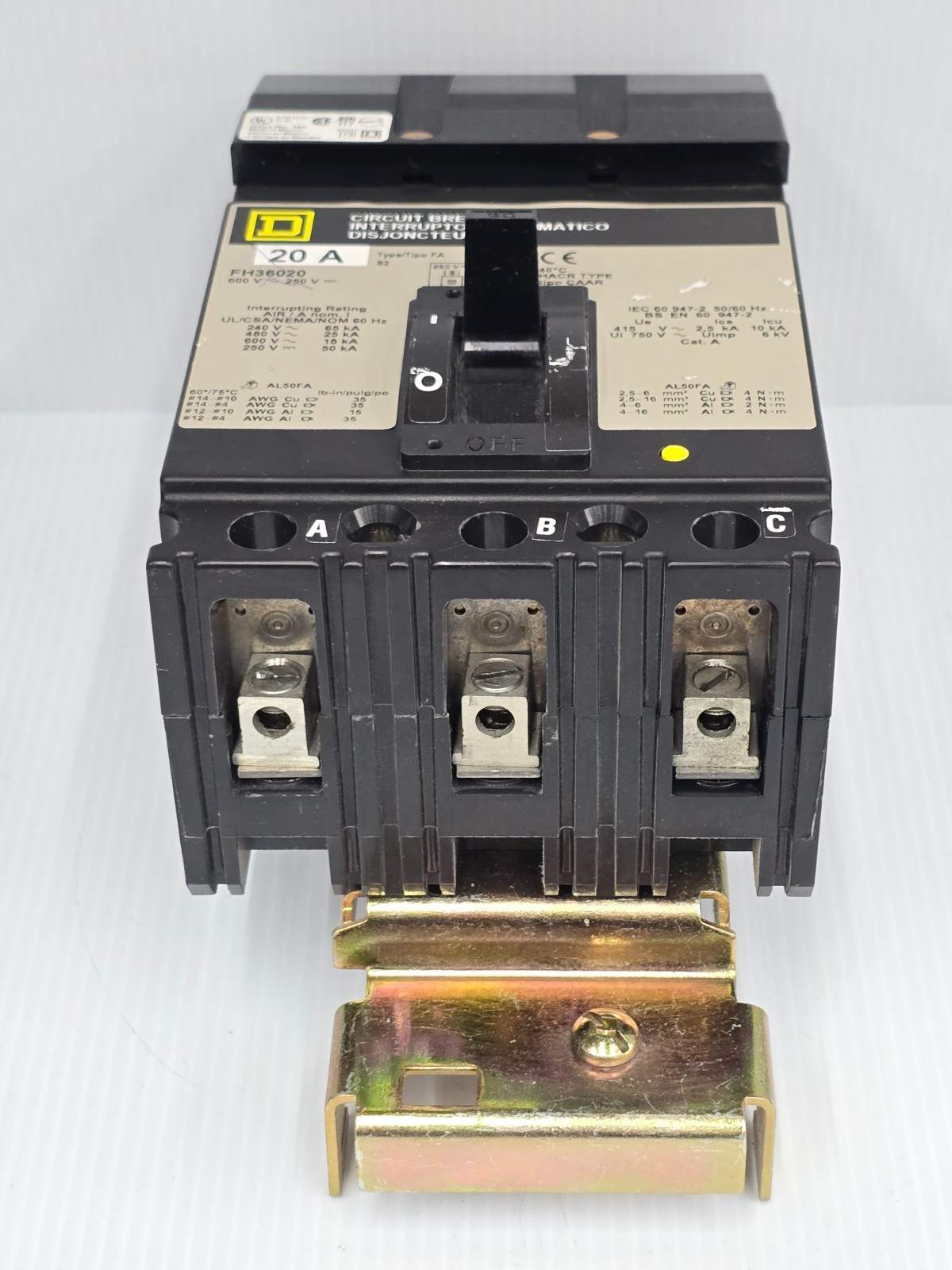 Square D 20 Amp I-Line Circuit Breaker 600 VAC 3 pole 65 kA FH36020
