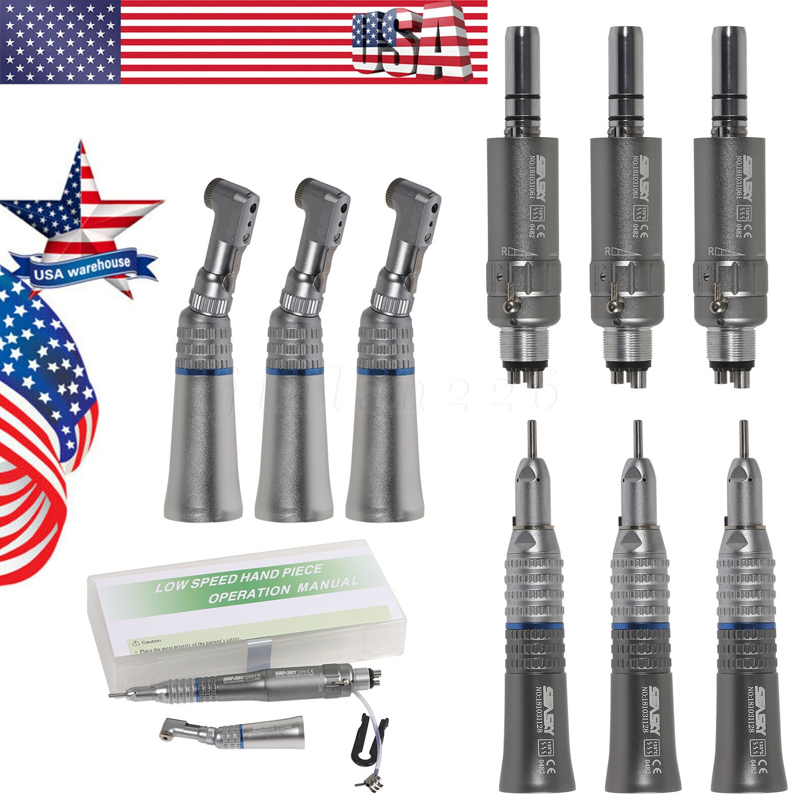 Dental Slow Speed Handpiece Contra Angle/Straight /Air Motor 4Hole NSK Style NEW