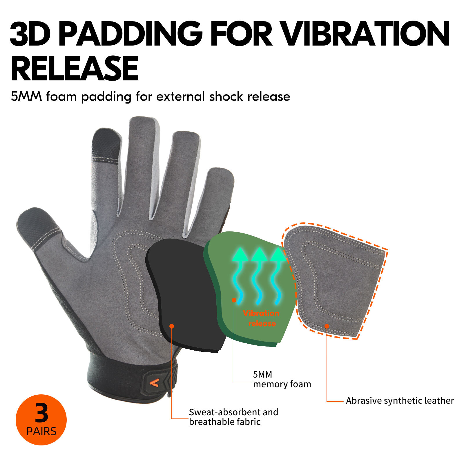 Vgo 1/3Pairs Synthetic Leather Work Gloves for Men, Mechanic Gloves(SL7584)
