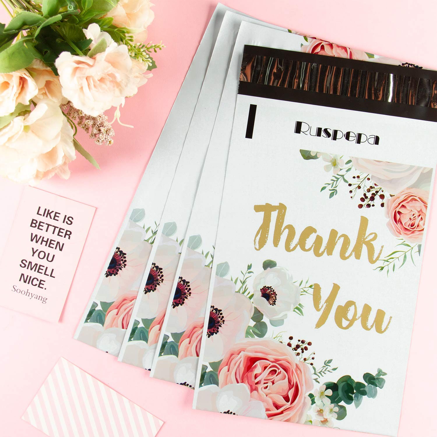 6×9 inches Poly Mailers Shipping Bags Thank You Notes Flowers Surrounded Whit…
