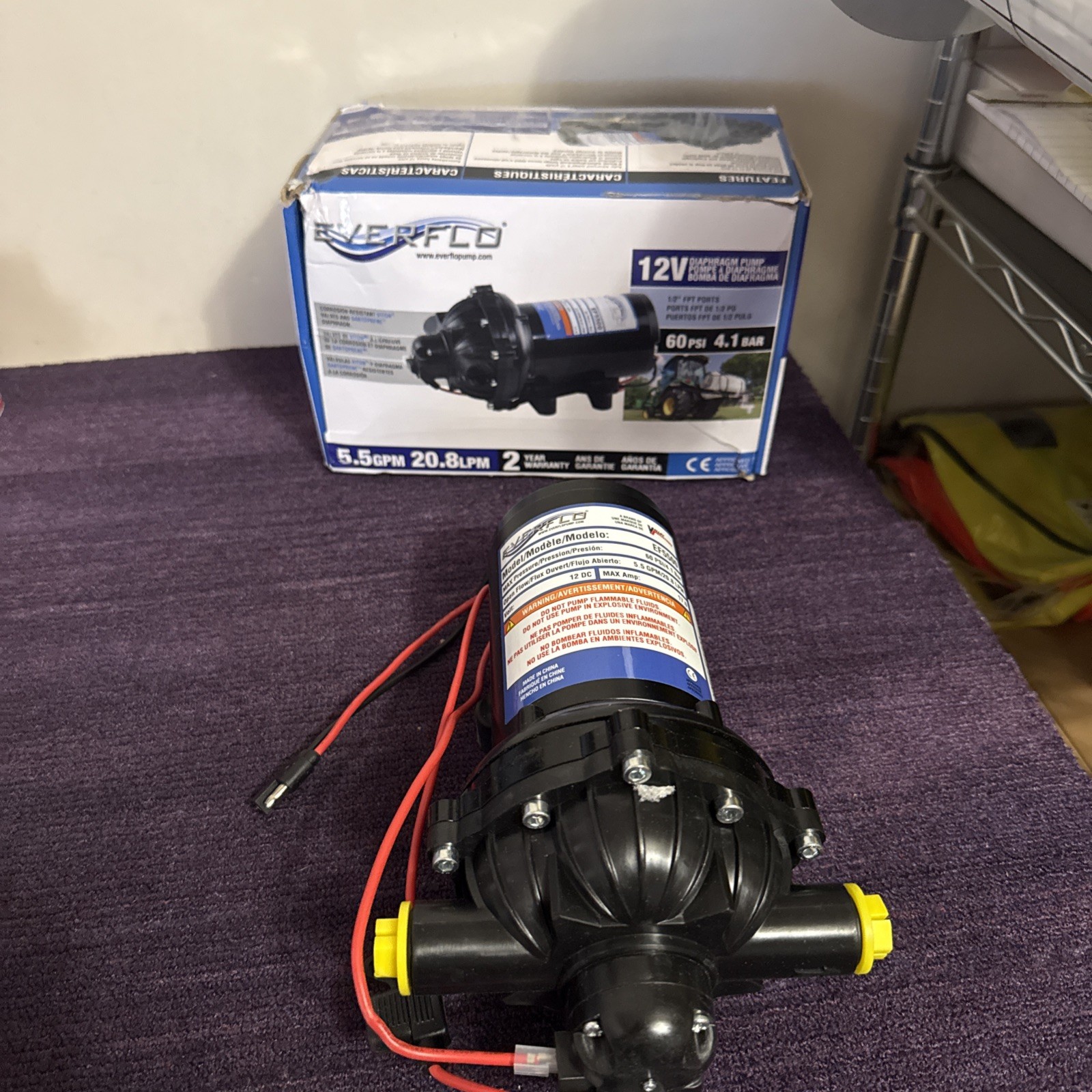 Everflo EF5500 12V Diaphragm Sprayer Pump -1/2 FNPT Connection, 5.5 GPM