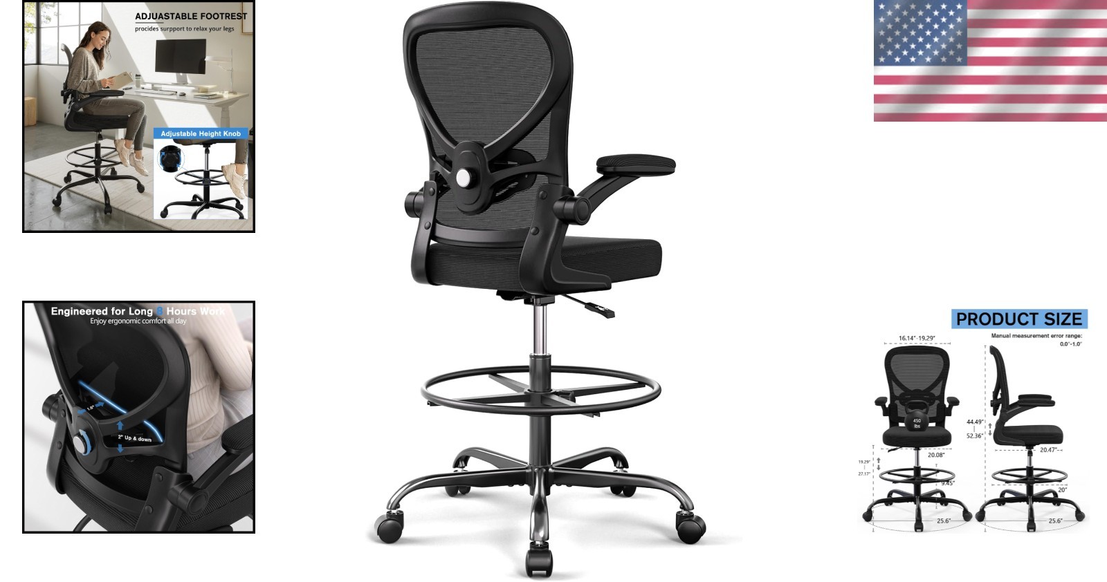 Heavy-Duty Ergonomic Chair with Footrest for Standing Desks – Max 450lb Capacity