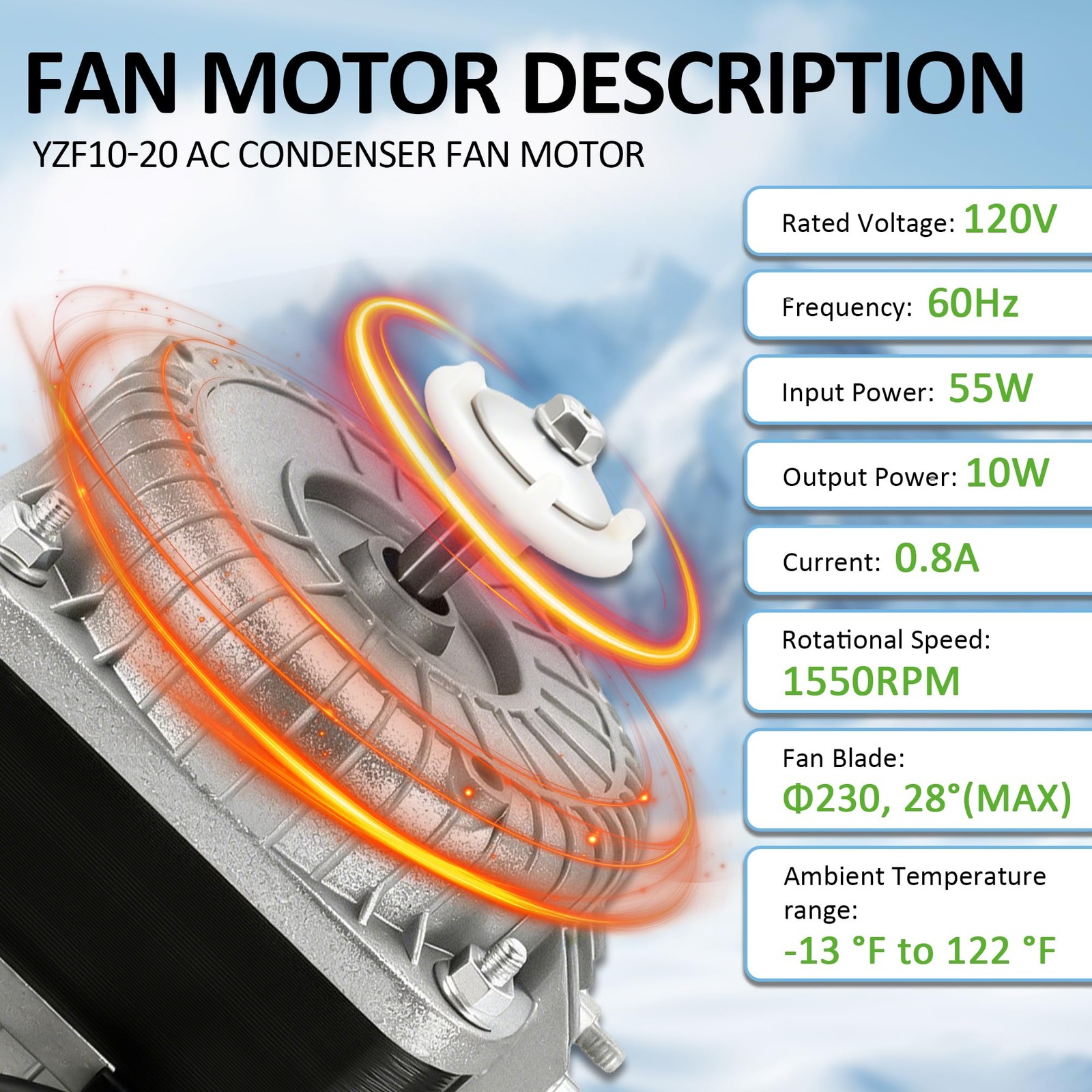 YZF10-20 Condenser Fan Motor AC 120V 60Hz 1550rpm 10/55W 0.8A Electric…