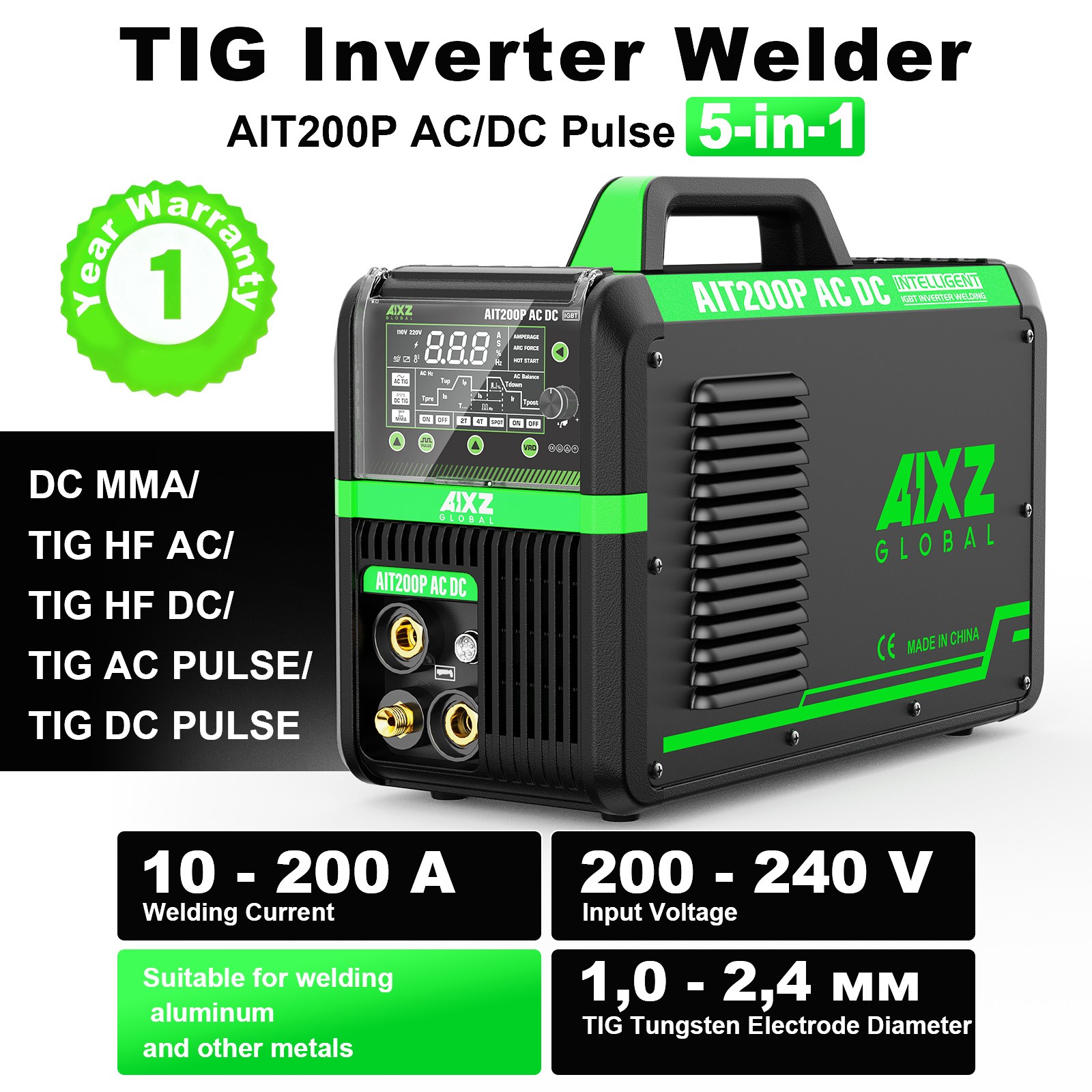 AC DC Aluminium TIG/MMA Welding Machine 200A 110V/230V Pulse Spot HF TIG &Helmet