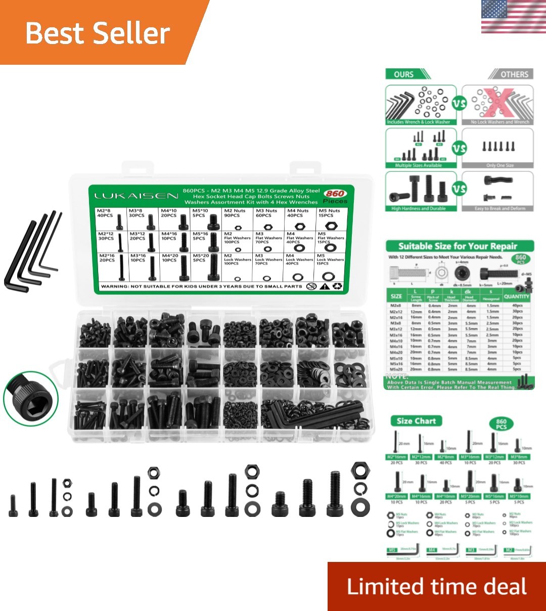860PCS Metric Screw Assortment Kit, M2 M3 M4 M5 Machine Screws with Lock & Fl…