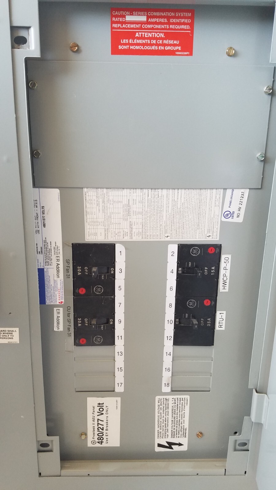 AEU3182RCX GE 225 Amp 480Y/277V 3Ø 4W 18ct. N1 Main Lug Panel w/ 4 TEY Breakers