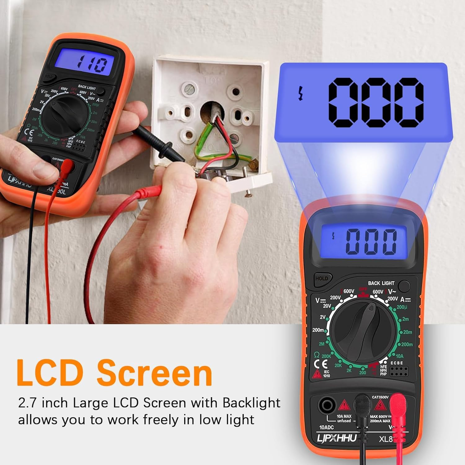 Digital Multimeter AC DC Voltage Current Ohm Tester with LCD & Test Leads