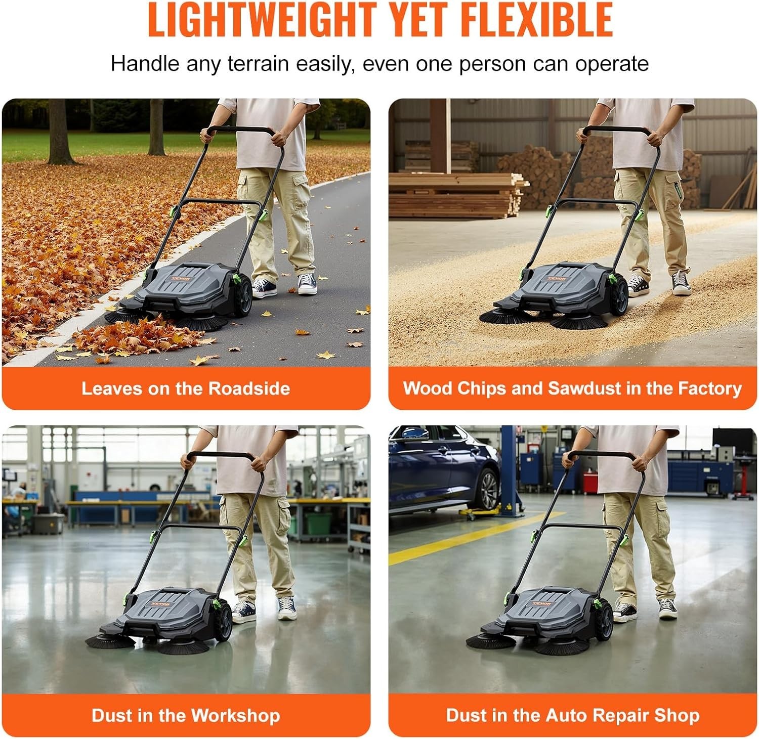 Walk-Behind Hand Push Floor Sweeper, 25.6″ Sweeping Width Floor Sweeper Manua…