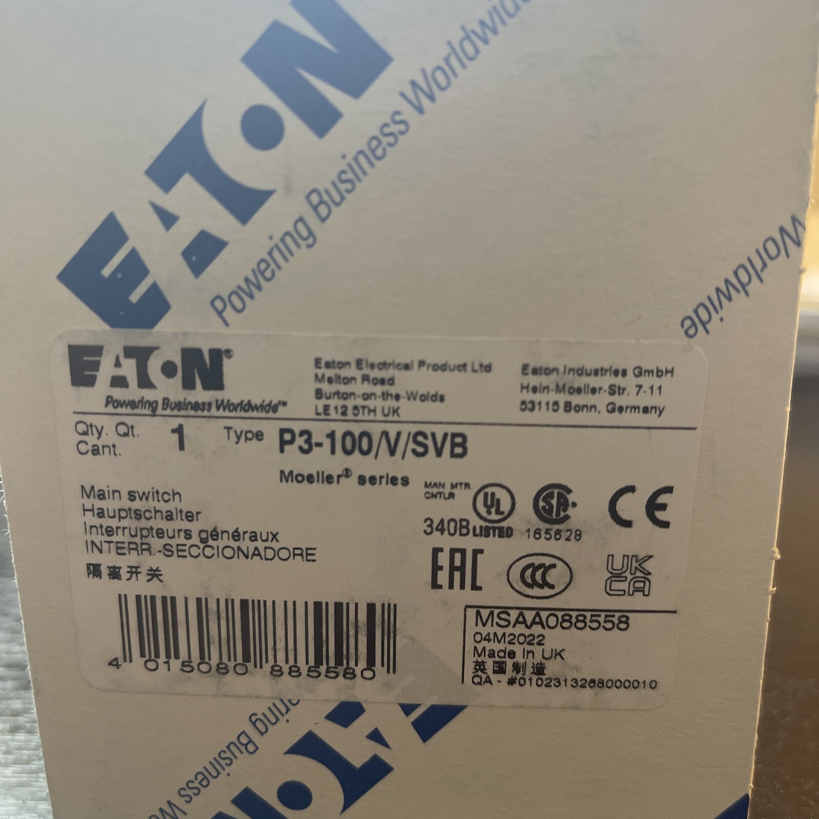 P3100/V/SVB MOELLER. EATON P3-100/V/SVB. BASE MOUNT 100 AMPS. SWITCH