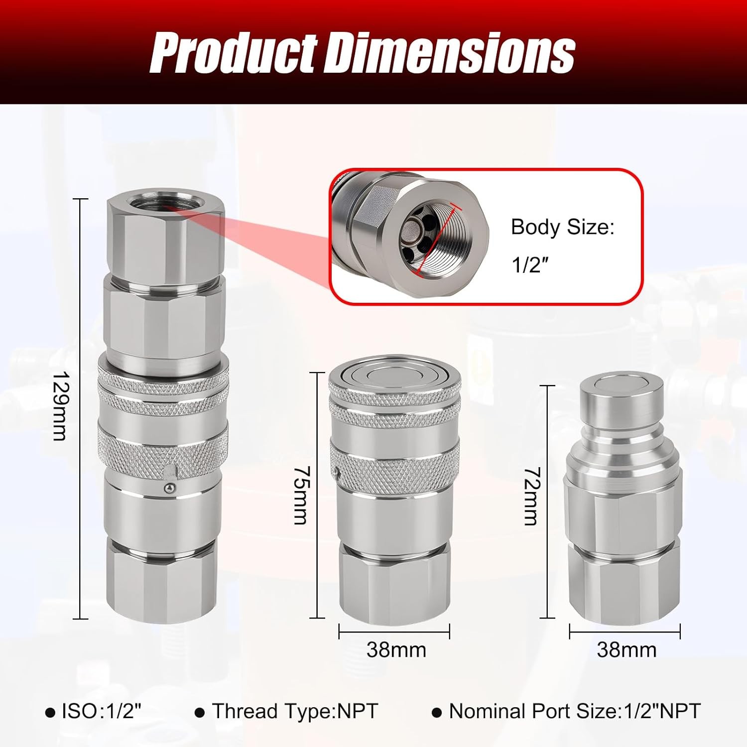 1/2’’ NPT Flat Face Hydraulic Quick Couplers, Skid Steer Hydraulic Couplers