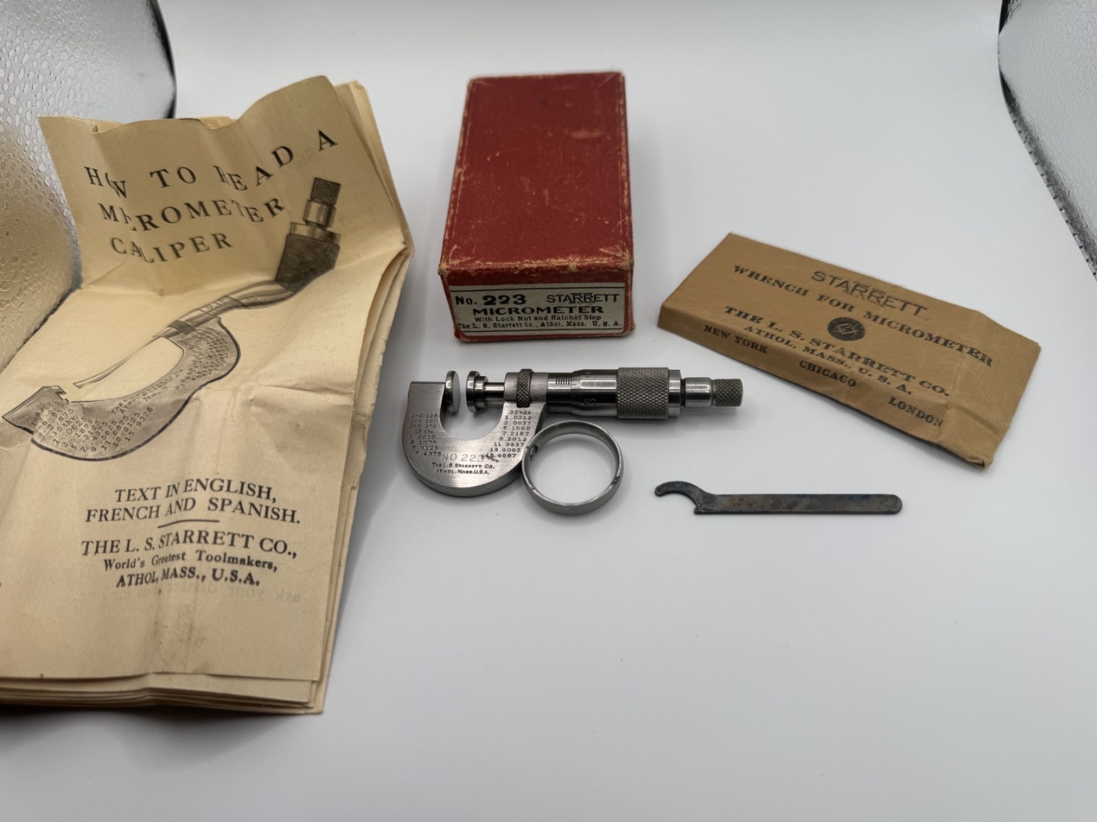 Starrett No. 223RL Paper Micrometer Complete w/ Case Manual Wrench Excellent USA
