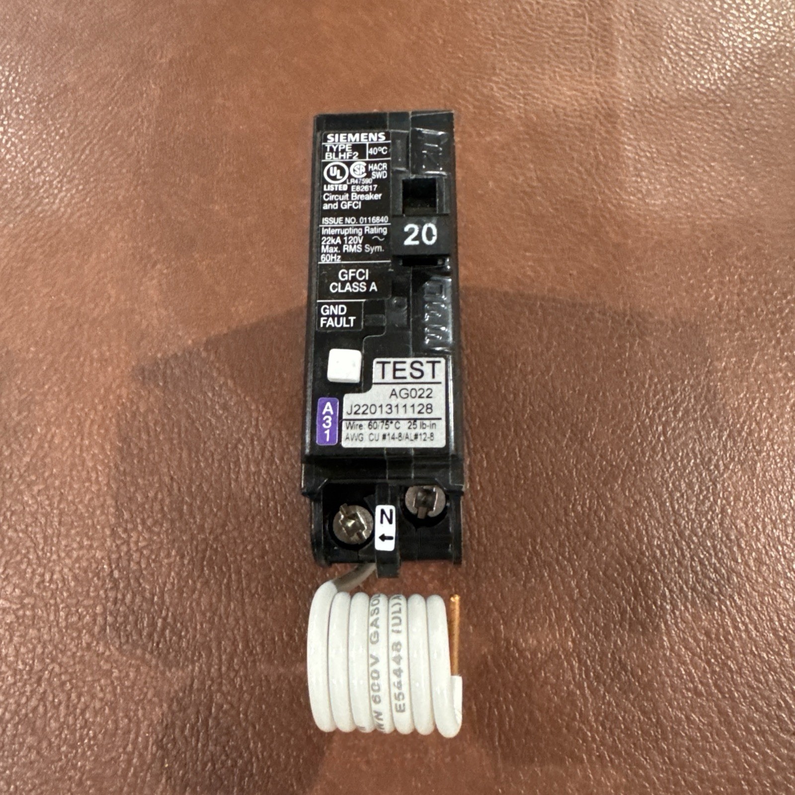 SIEMENS BF120AH 20A GFCI BOLT ON BREAKER PIGTAIL WIRE TYPE BLHF2 NEW PANEL PULL
