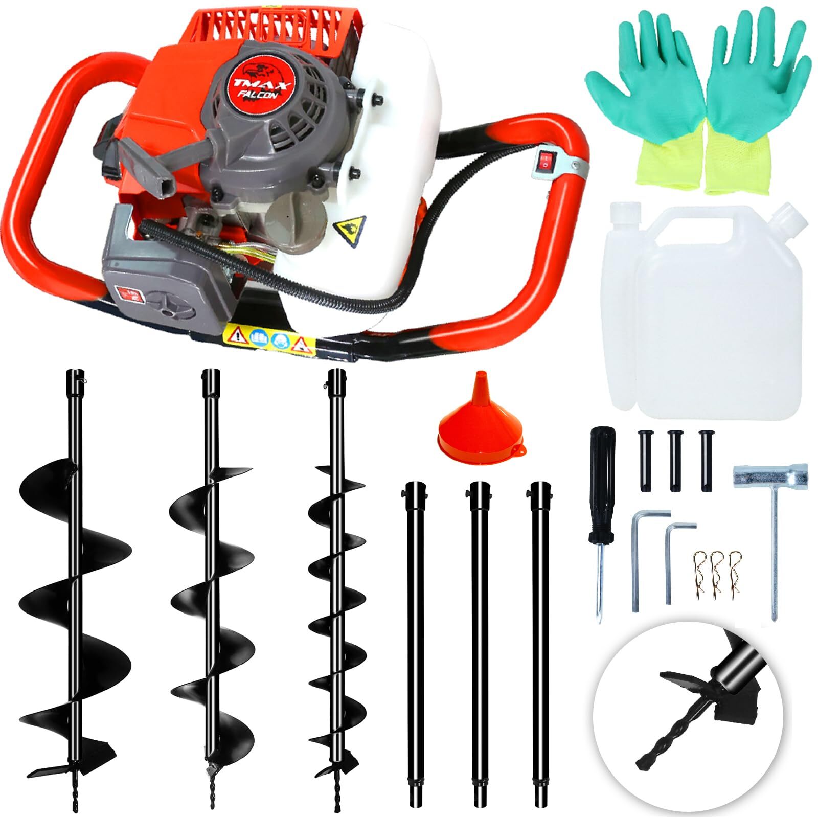 62CC 2.1KW Gas Post Hole Auger Digger W/ 3 Bits (3″ 5″ & 8″)+3 Rods(24″24″24″)