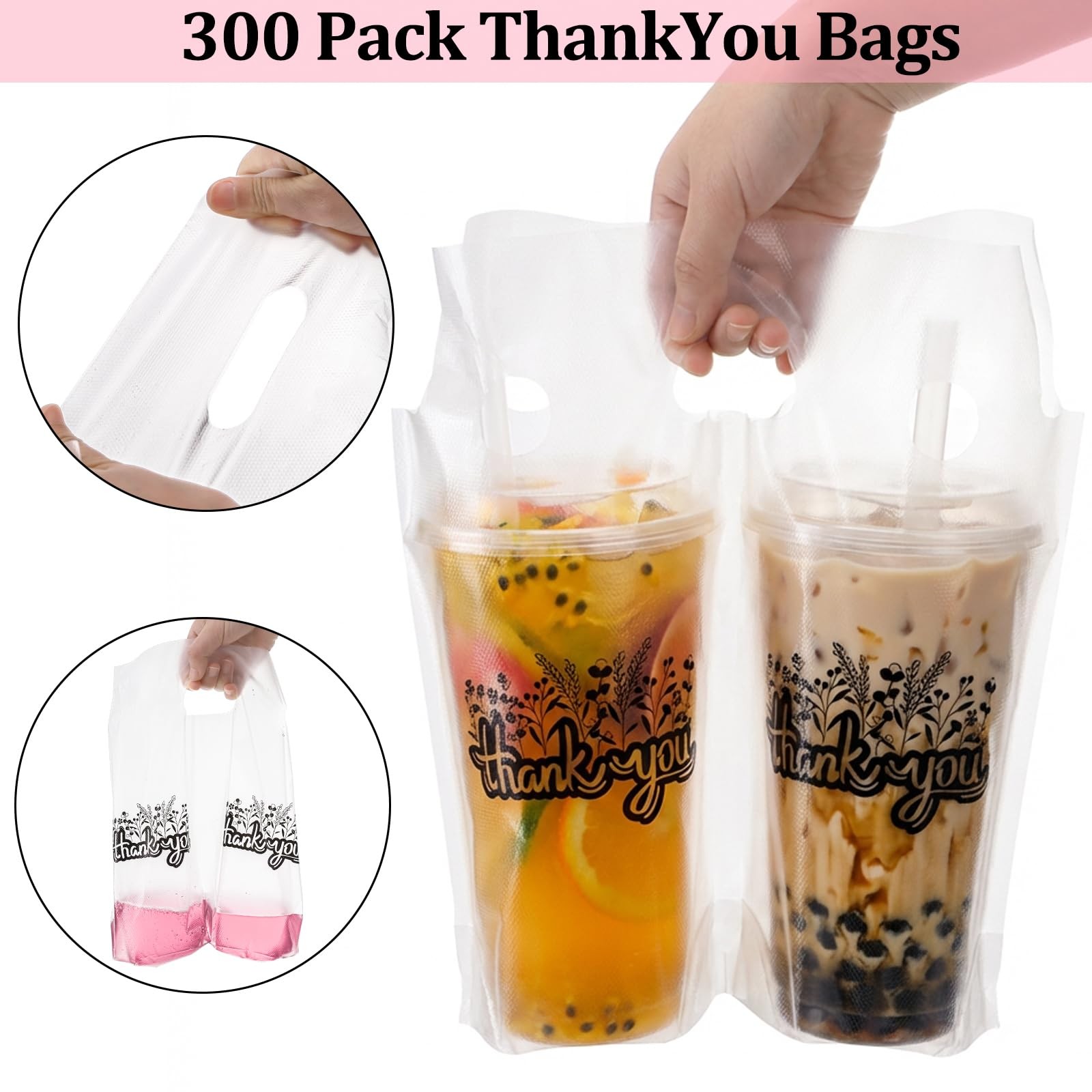 300 PCS Handle Drinking Poly Bags Plastic Packaging 12.2×11.2 In 2 Cups