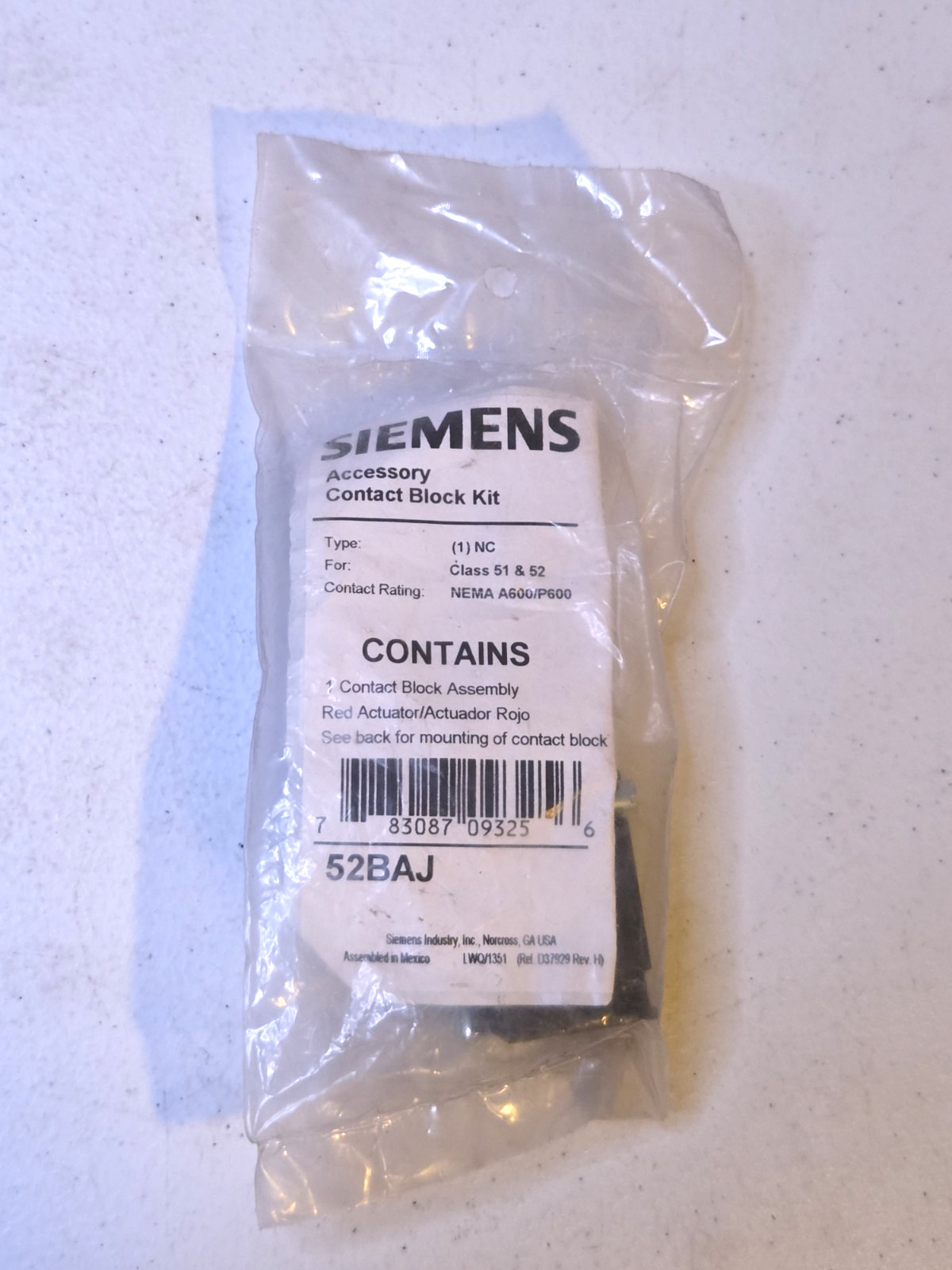 NEW Siemens 52BAJ Contact Block Kit 1 NC For Class 51 & 52 NEMA A600/P600 NIP