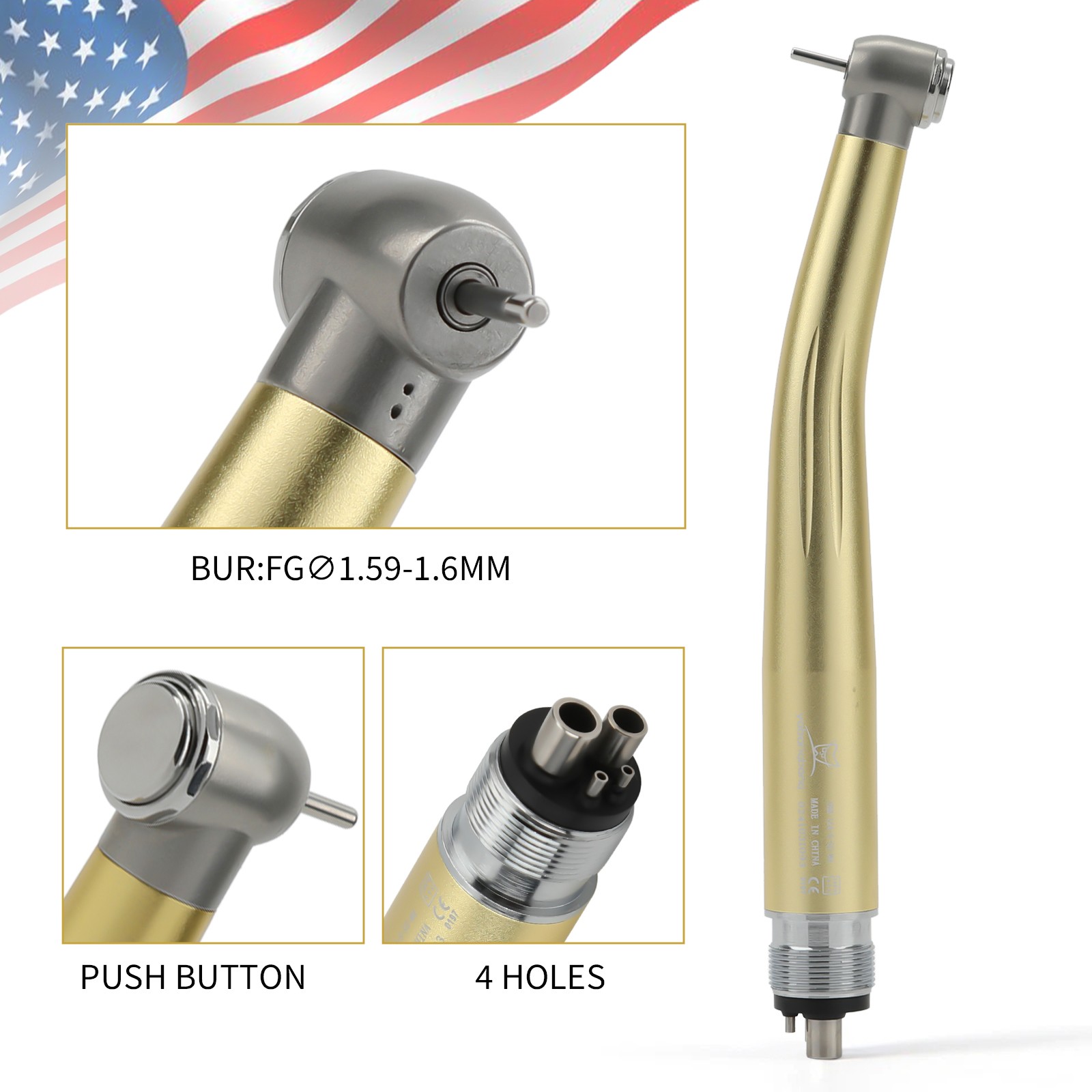 NSK Style Dental High Speed Handpiece Turbine 4 Holes 7 Colors Rotor Golden