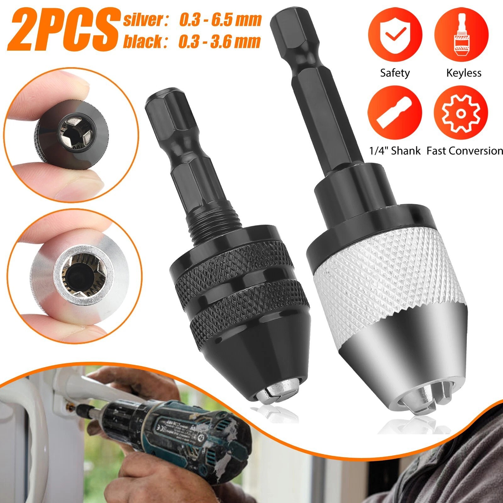 2x Keyless Chuck Conversion 1/4″ Hex Shank Adapter Drill Bit Quick Change Driver