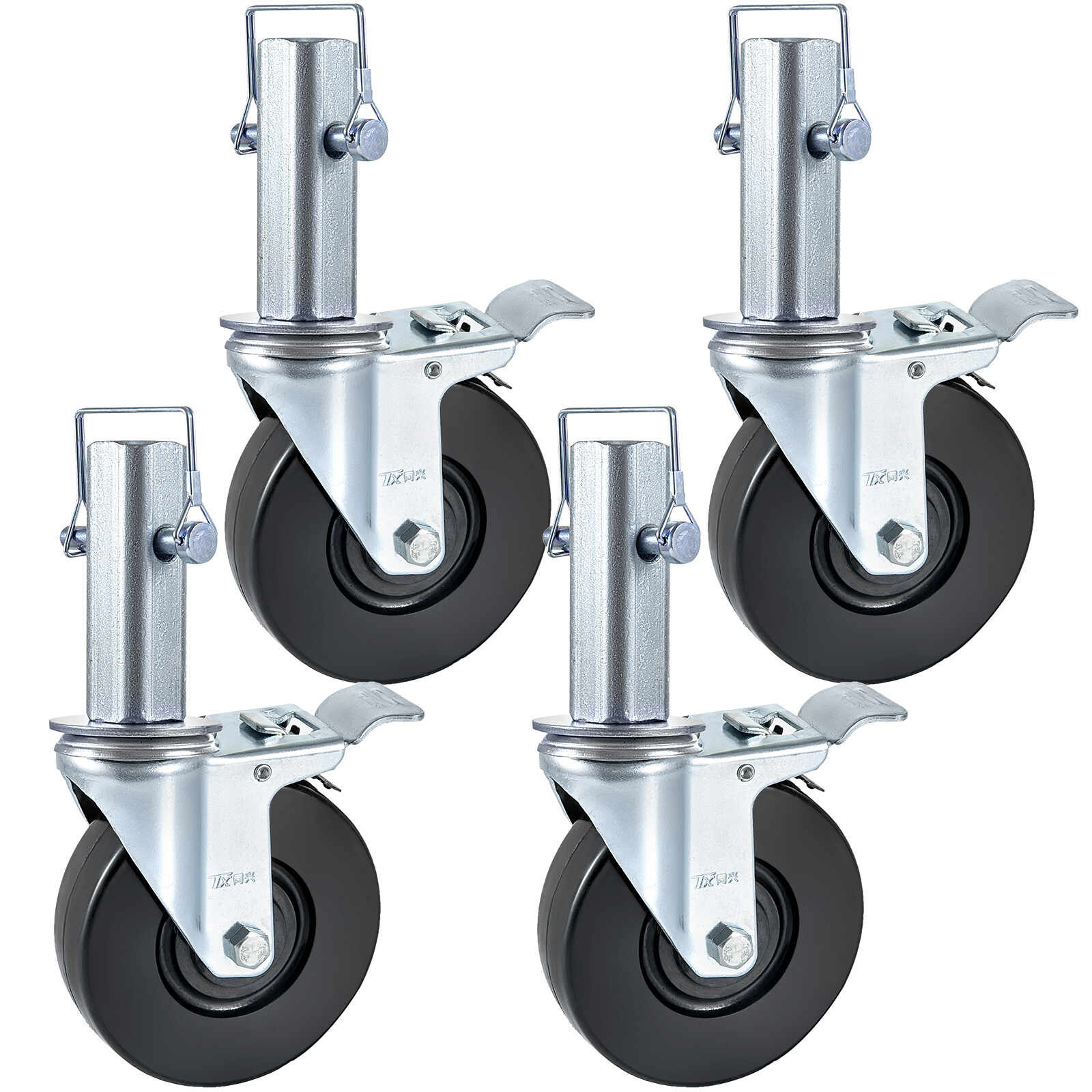 5″ Scaffolding Casters Hard Rubber Wheels w/ Lock Brake 1.25″ Square Shank 4 PCS
