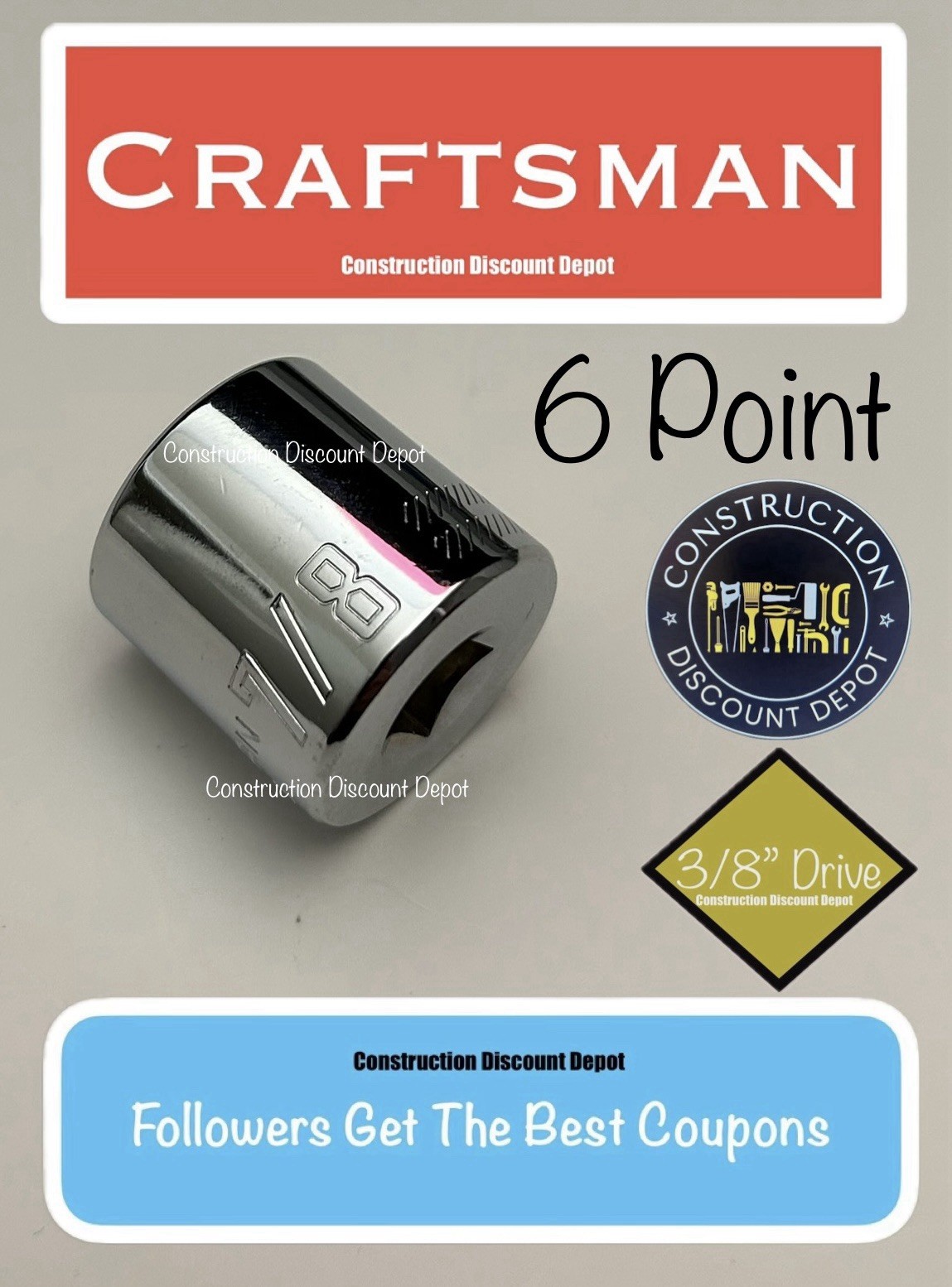 Craftsman 6 Point 3/8″ Drive Chrome Standard 7/8″ Shallow Socket CMMT43013