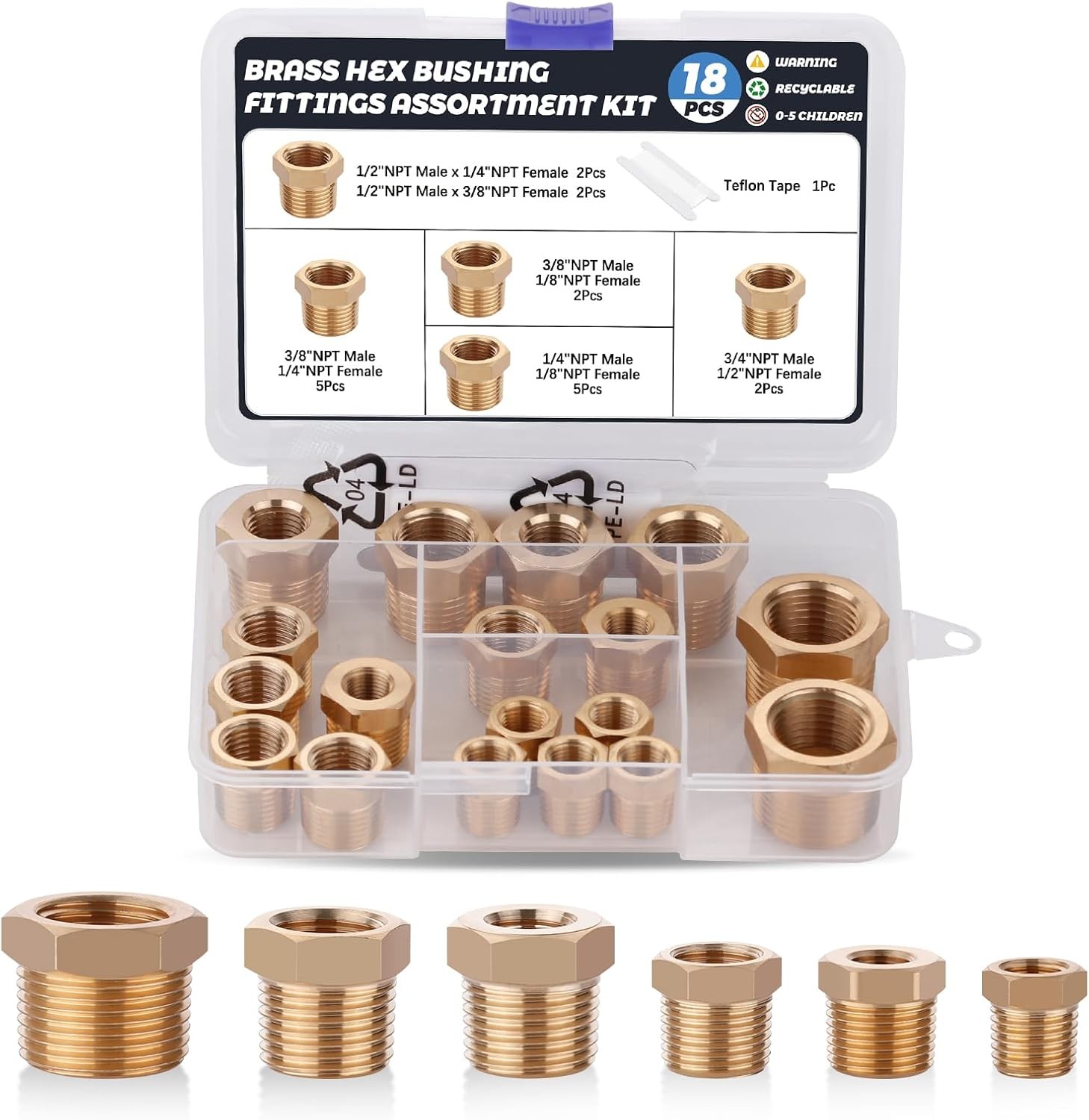 18PCS Brass Hex Bushing Fitting Kit,1/4″ – 1/8″, 3/8″ – 1/8″,3/8″ – 1/4″,1/2″ –