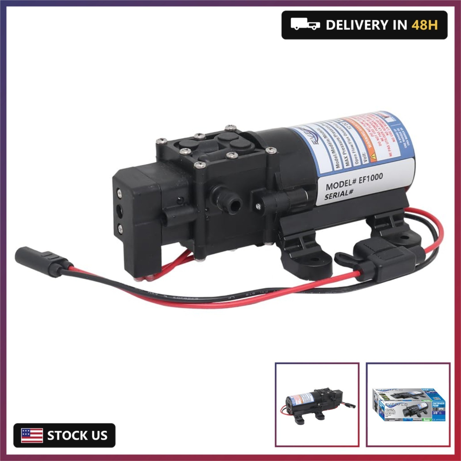 Everflo EF1000-BOX 12V Diaphragm Pump with 3/8″ Hose Barb Ports, 1.0 Gpm