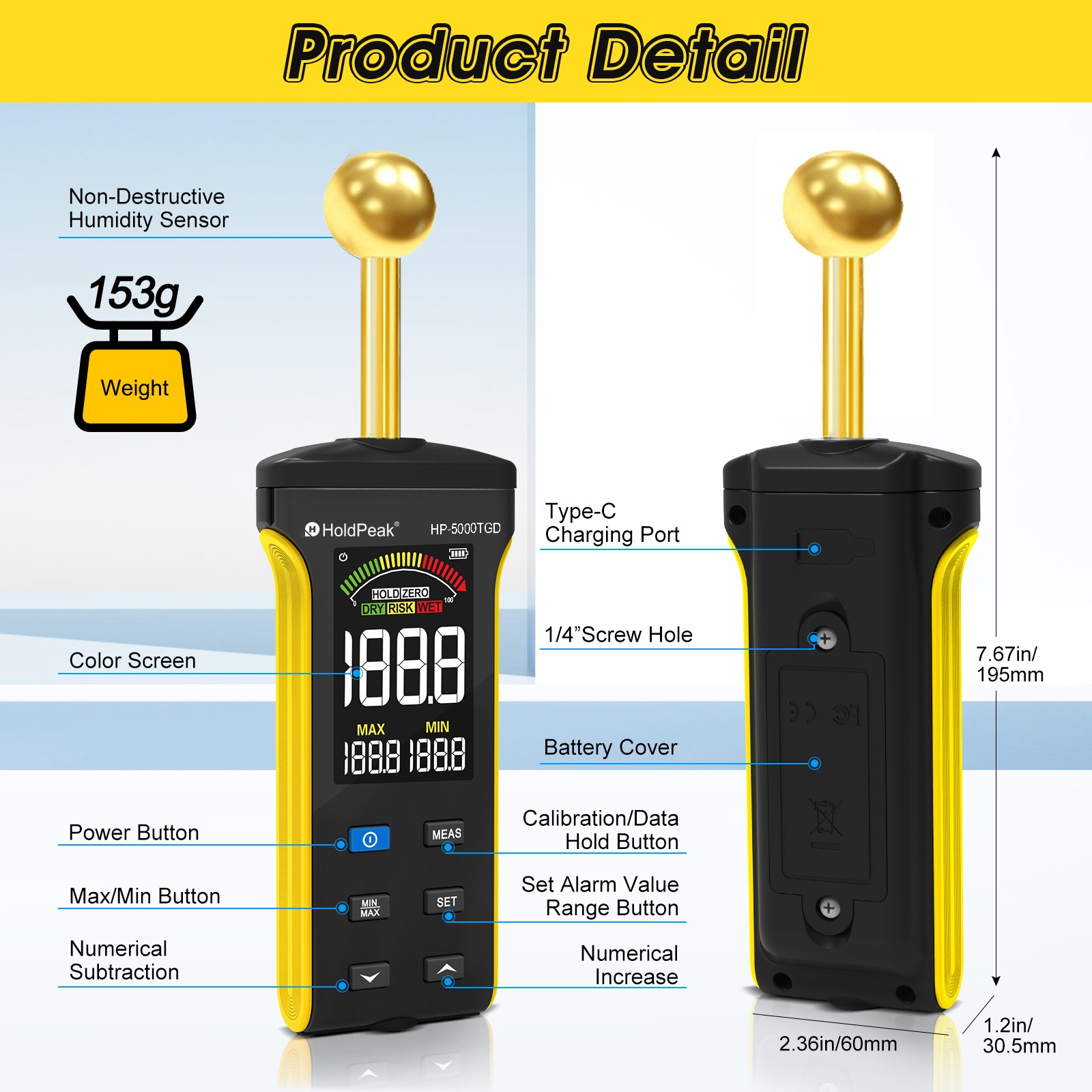 Non-Invasive Moisture Detector 20 to 40mm Depth for Wood Concrete Drywall 0-100%