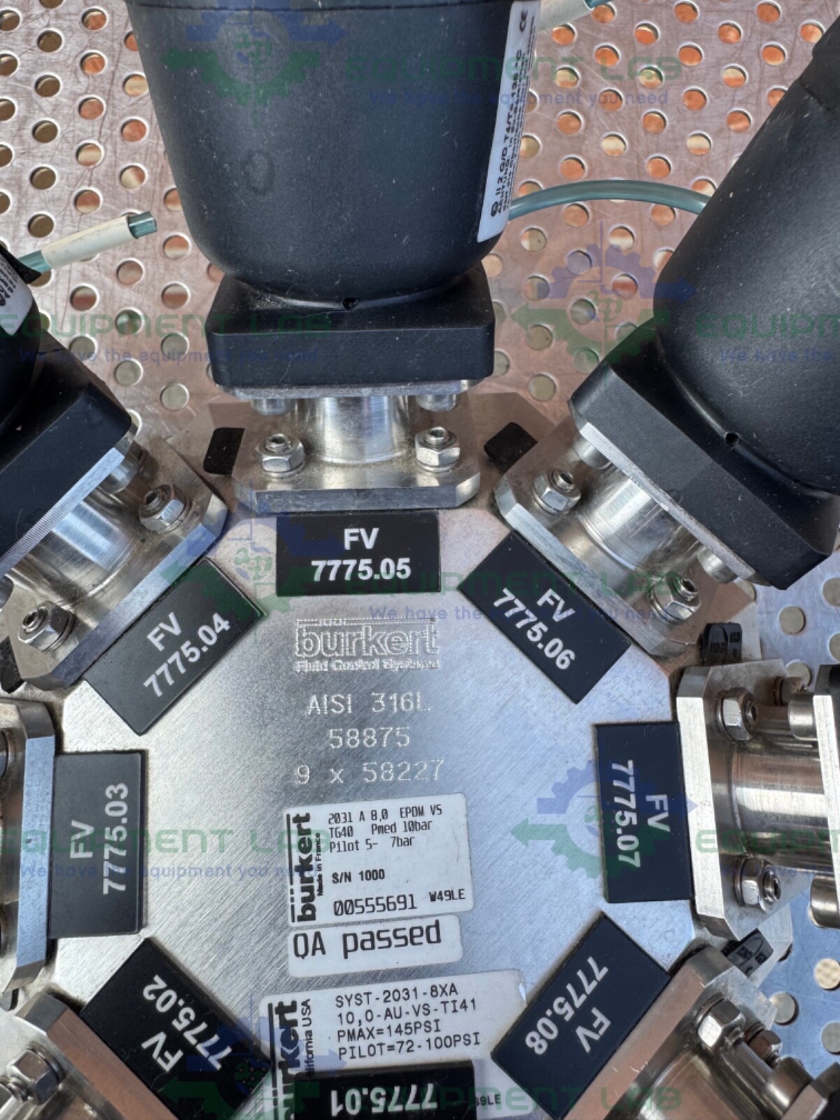 Lot of 8 – Burkert 2031 A 8.0 00 00 0000 9-Way Pneumatic Solenoid Valve