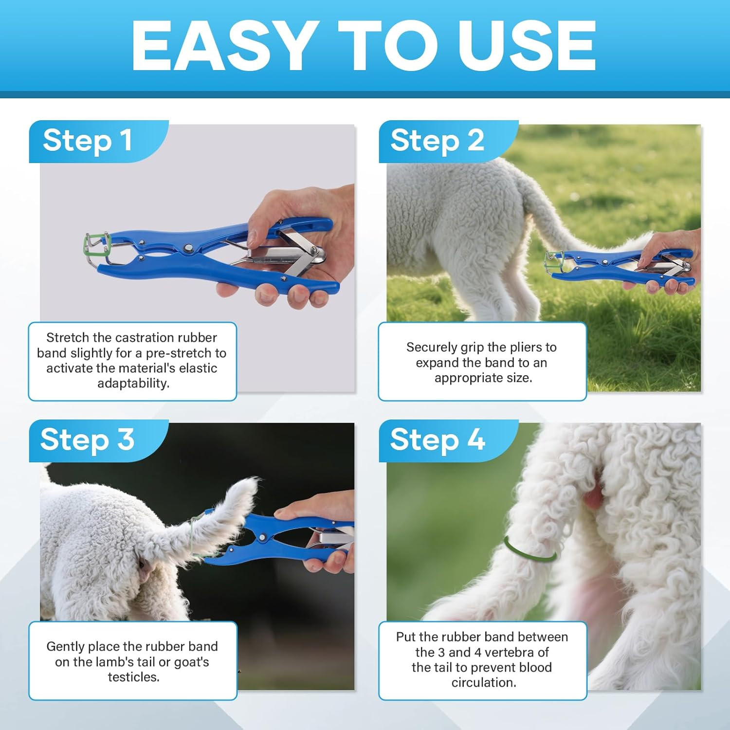 100Pcs Castration Bands and Goat Banding Kit, Stainless Steel Jaw Castration Too