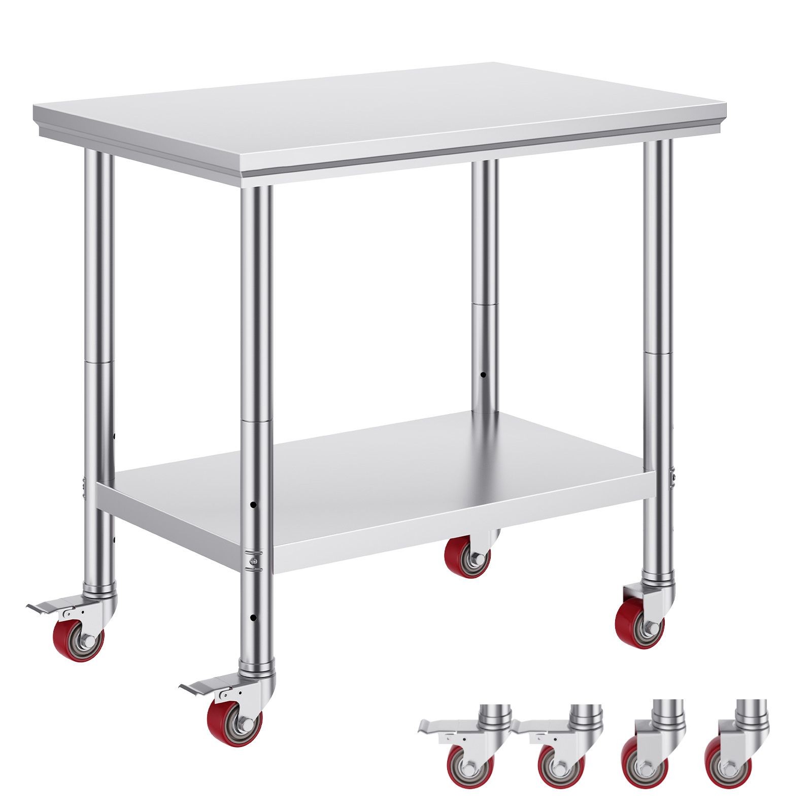 SUS201 Stainless Work Table 35″x24″, 700lb Load, Adjustable Shelves, Casters