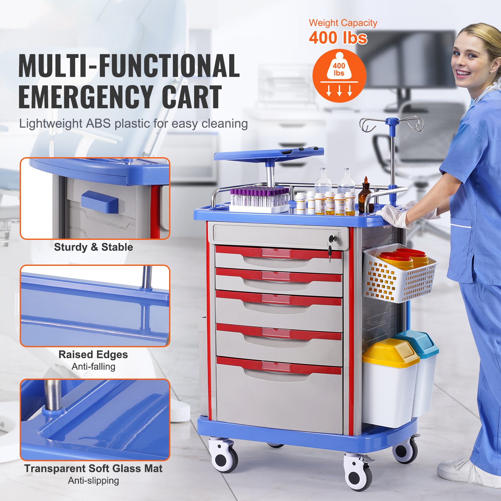 VEVOR 5 Tiers Lab Carts Mobile Medical Cart with 5 Drawers & 2 Trash Cans Blue