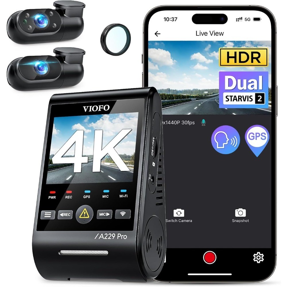 Triple Channel 4K HDR Dash Cam Front Inside Rear Car Camera 5GHz WiFi GPS Voice