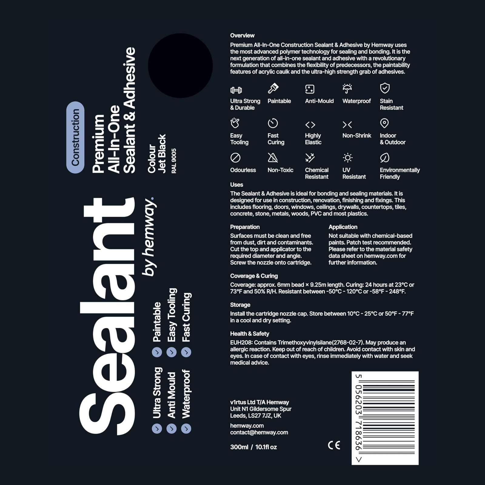 Jet Black Construction Sealant & Adhesive All-in-One Hybrid 1 Pack,