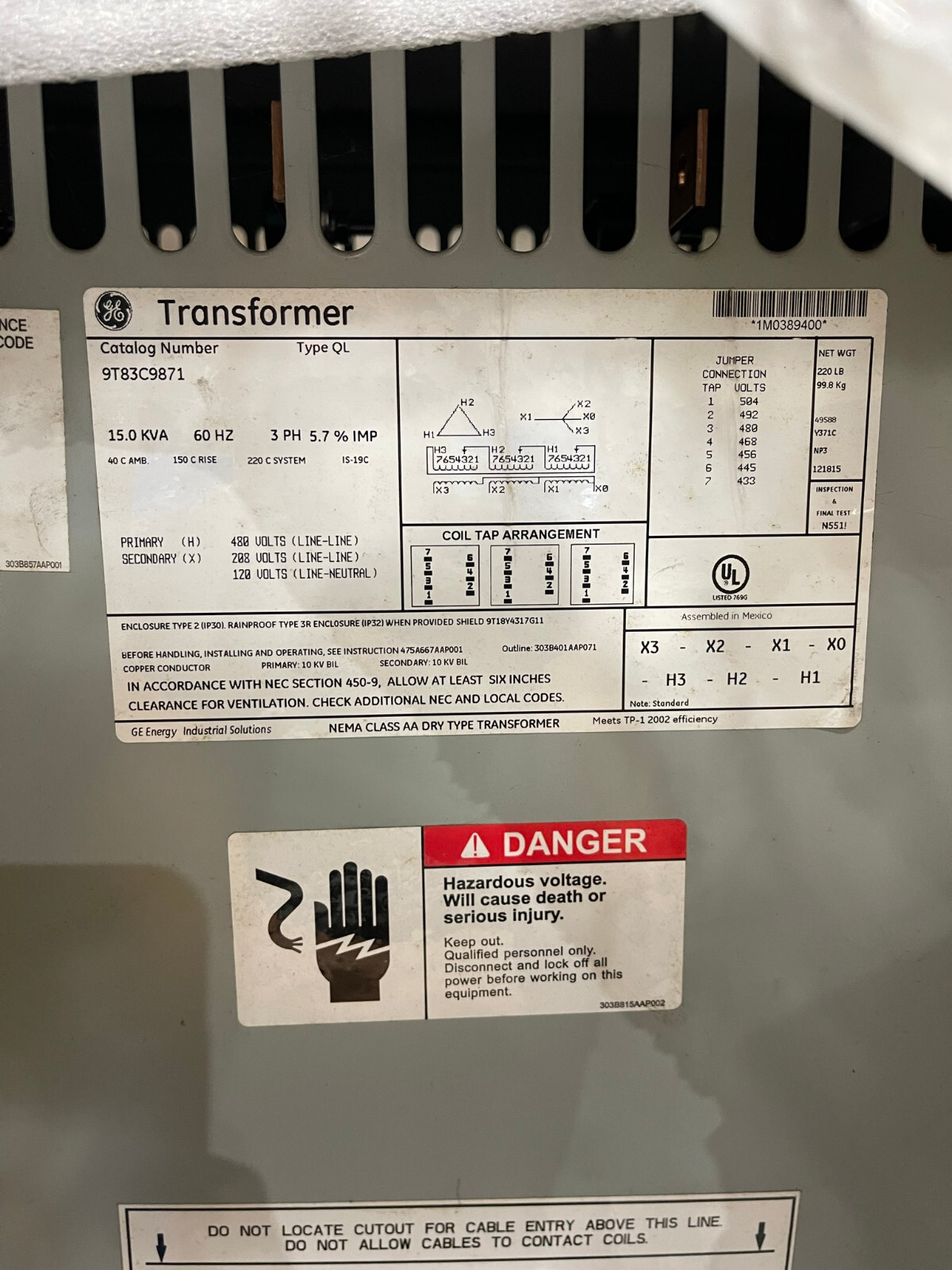 NEW GE 15kva Transformer 3 Phase 480v-208v/120v 460v 440v 220v 230V