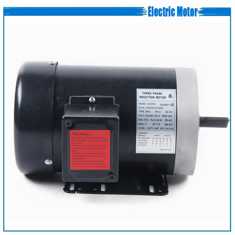2HP 3 Phase Electric Motor 3450 RPM 56C Frame TEFC 208 230/460V Premium Efficien