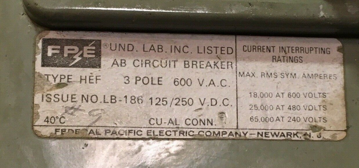 FEDERAL PACIFIC Electric HEF631015 15A 600V 3P CIRCUIT BREAKER WARRANTY FPE HEF