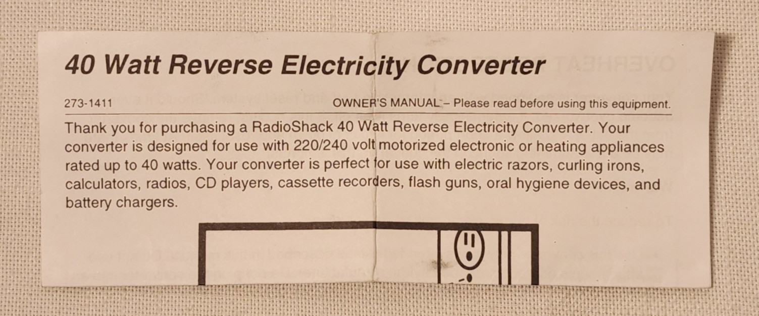 Radio Shack 273-1411 Reverse Converter , Output 240VAC / 60 Hz / 40 W