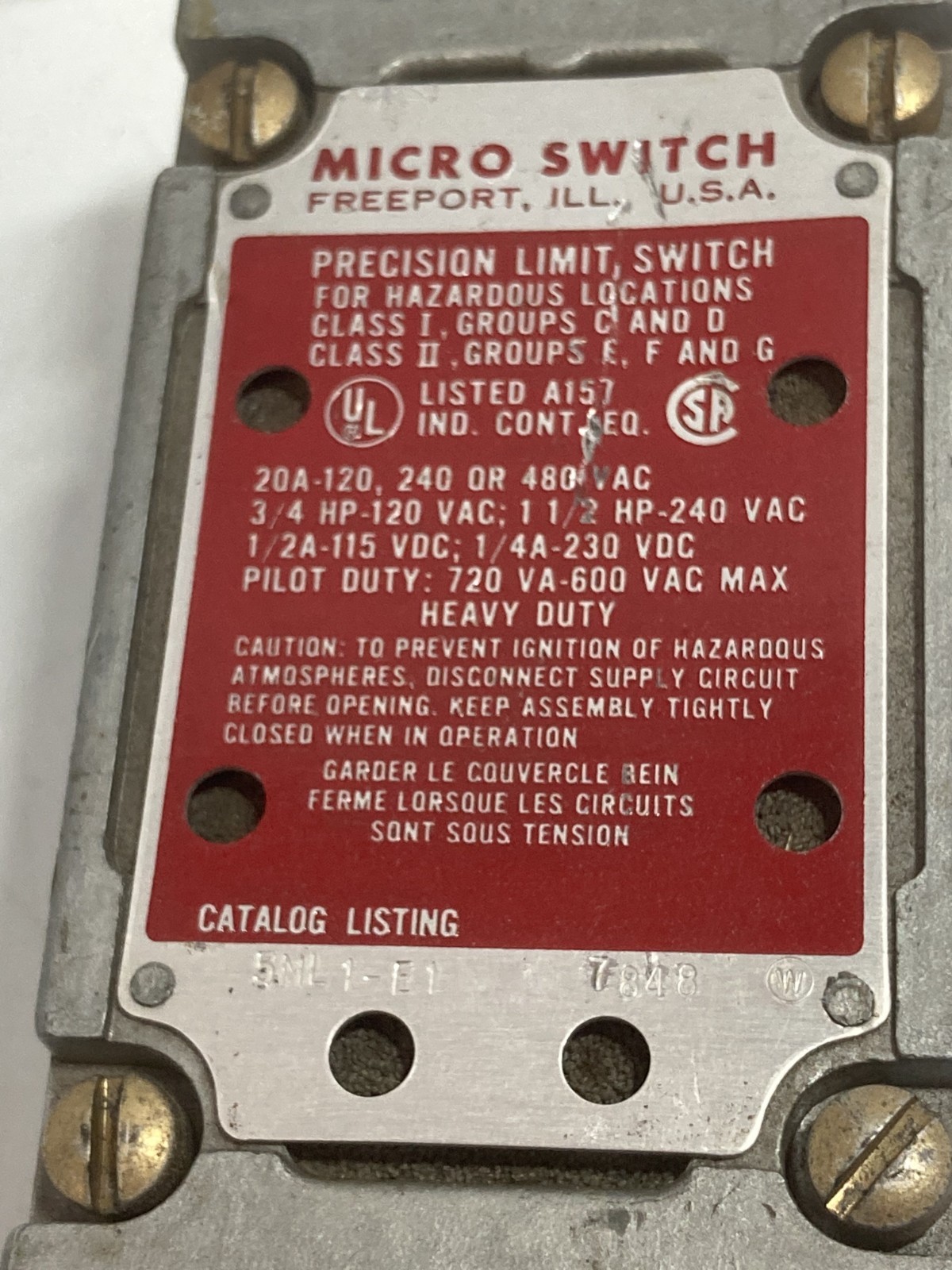 HONEYWELL 5ML-1-E1 LIMIT SWITCH MICRO SWITCH ROLLER PLUNGER 20A 120, 240 OR 480V