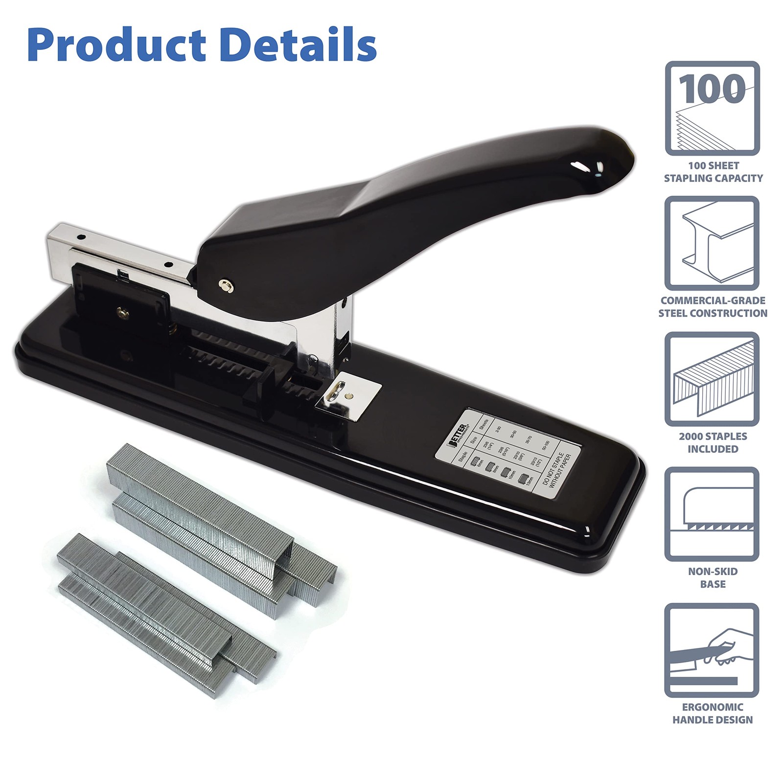 Heavy Duty Commercial Stapler with 2,000 Staples, Black Polished Steel, 100 H…