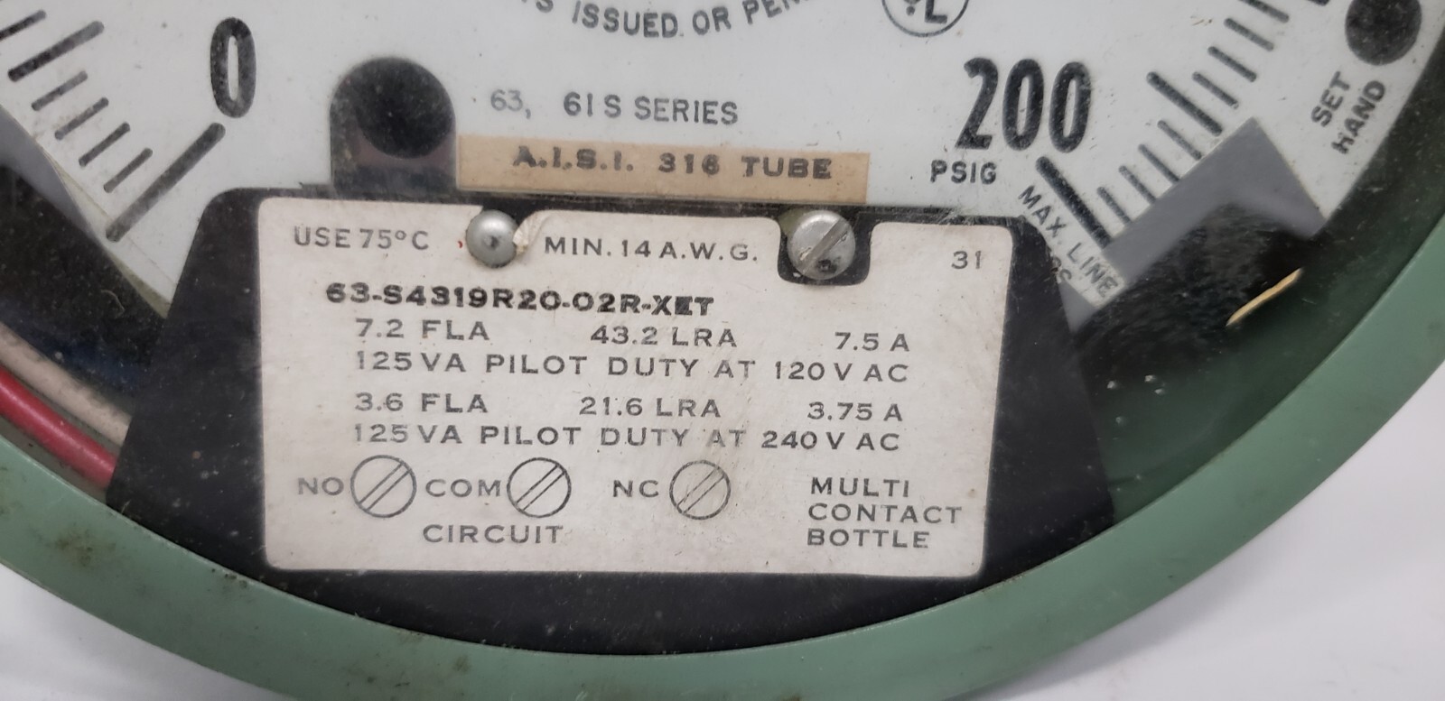 ASHCROFT 63-S4319R20-02R-XET PRESSURE SWITCH, 120 VAC/240VAC, 0-200 PSI, NNB