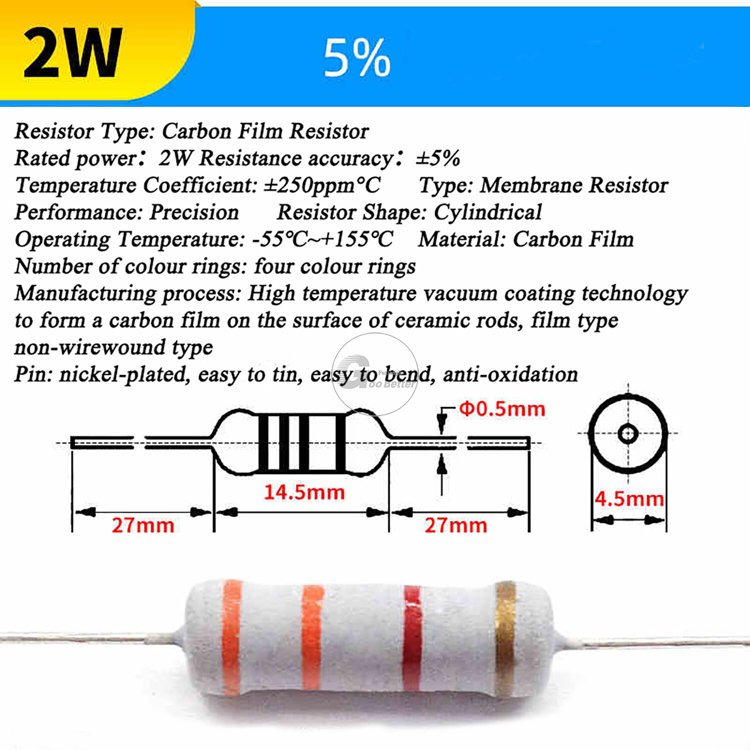 2W Carbon Film Resistor ±5% Full Range of Values 0.1 Ohm to 2M Ohm (0.1Ω-2MΩ)