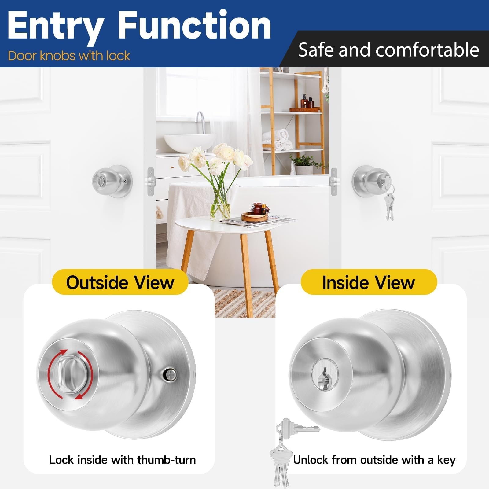 6 Pack Keyed Entry Door Knob with Lock and Key, Exterior and Interior Door Kn…