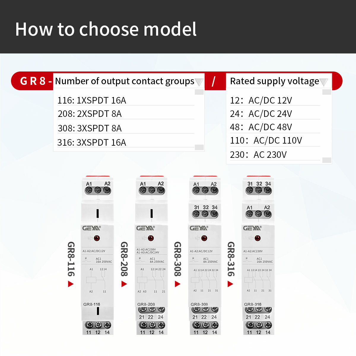 GEYA Auxiliary Relay AC/DC12/24/48/110V AC230V 8/16A Intermediate Module Relay