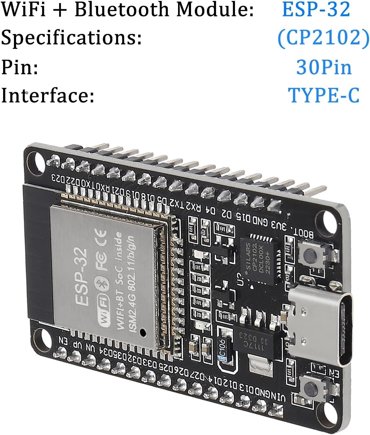 ESP32 ESP-WROOM-32 Wifi and Bluetooth Development Board, 38-Pin, with USB Type-C