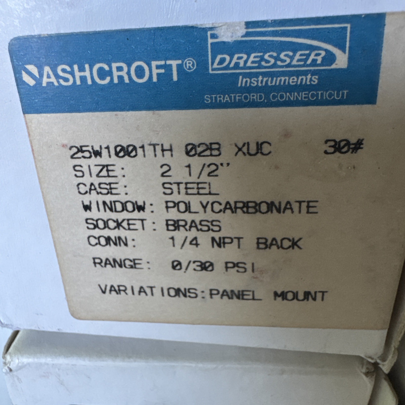 4-Ashcroft 25W100TH02B XUC Pressure Gauges Panel Mount 2.5” 0-30 PSI 1/4″ NPT