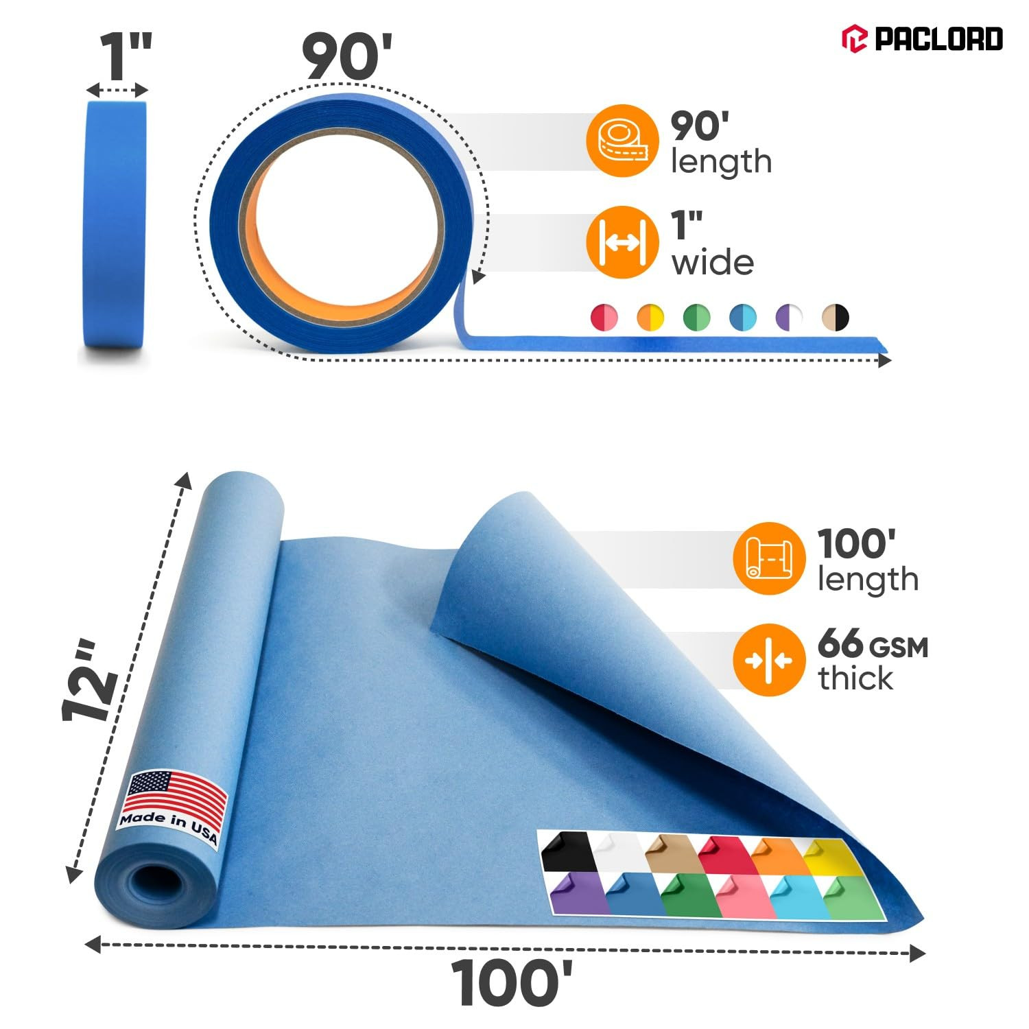 12 Rolls of 12″ X 100′ Colored Kraft Paper and 12 Rolls of Colored Masking Tape