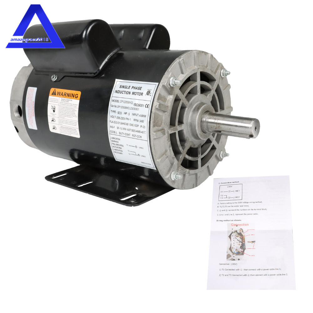 5 HP Compressor Duty Electric Motor 230V 1 Phase 3450 RPM 56 Frame Single Phase